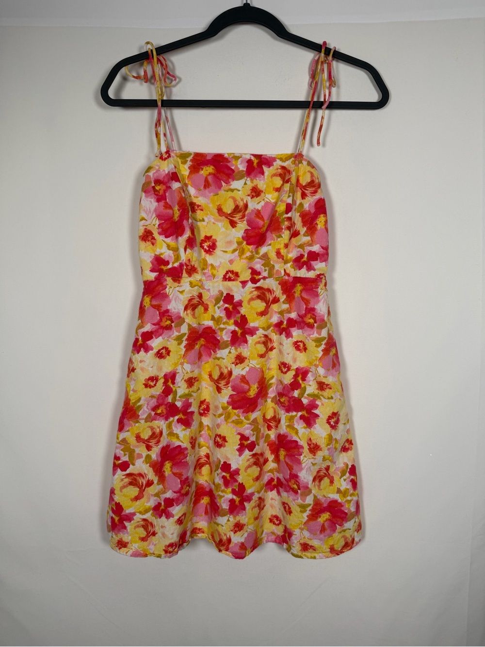 Old Navy Cottage Summer Pink & Yellow Floral Tie-Shoulder Linen Blend Mini Dress